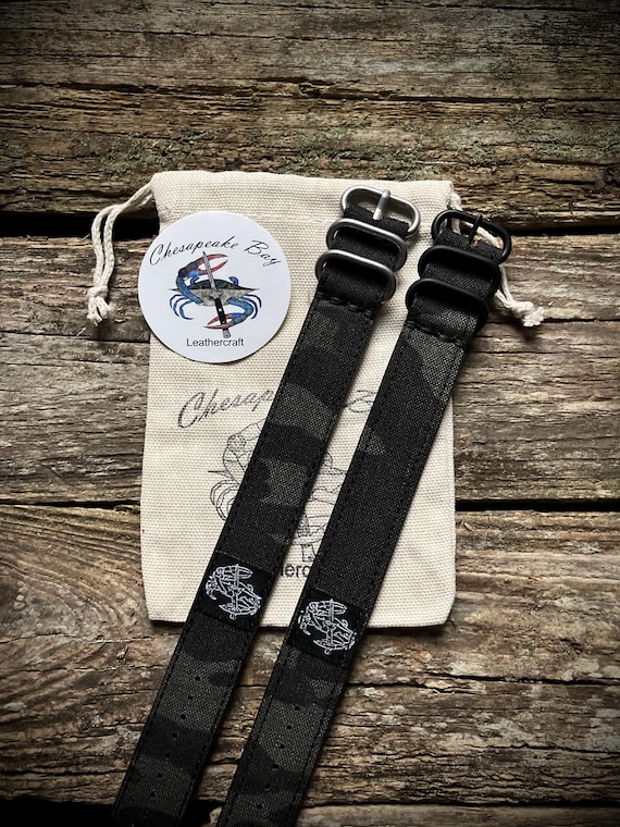 Chesapeake Bay Leathercraft Hybrid Leather/Canvas Hybrid Multicam Black Single Pass Watch Strap - 20mm and 22mm