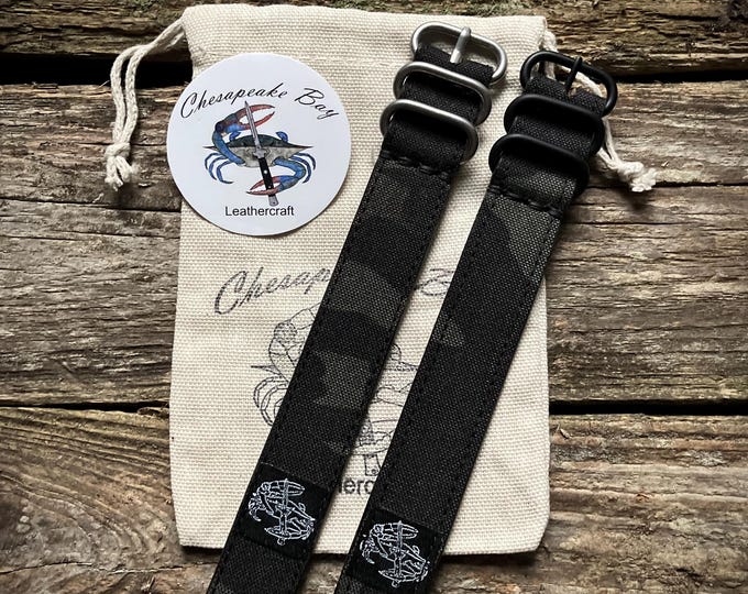 Chesapeake Bay Leathercraft Hybrid Leather Cordura Multicam Black Single Pass Watch Strap - 20mm and 22mm