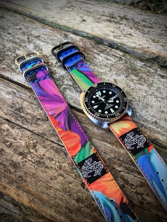 Chesapeake Bay Leathercraft Leather/Canvas Hybrid Floral Single Pass Watch Strap - 20mm and 22mm