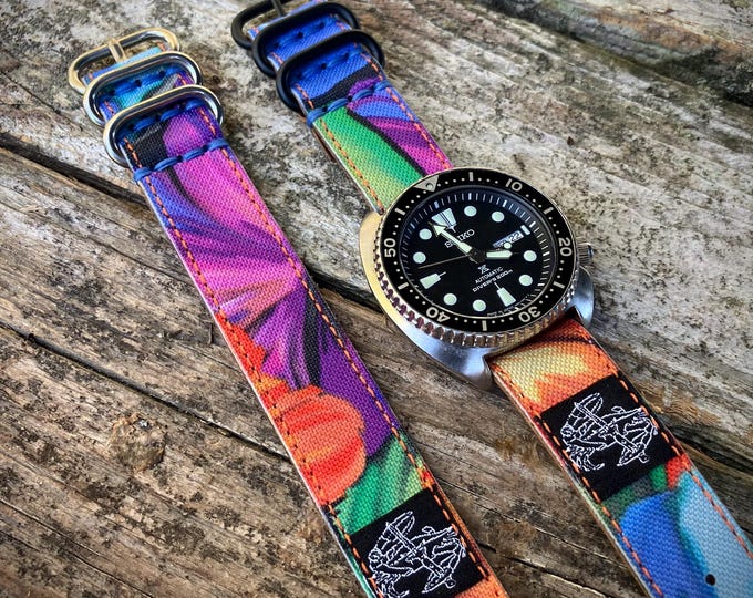 Hybrid Leather/Rugged Nylon Floral Single Pass NATO Style Watch Strap - 20mm and 22mm