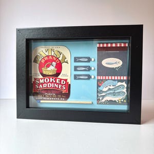 Mini Sardine Shadowbox – 5x7 Framed Vintage Ephemera Art – Retro Sardine Tin & Matchbook Collage Nautical Kitchen Decor – Coastal Gift Idea