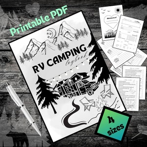 May include: Black and white printable PDF of an RV camping logbook with a mountain scene, a camper, and a campfire. The text "RV Camping Logbook" is on the cover. The text "14 sizes" is on a green and blue square.