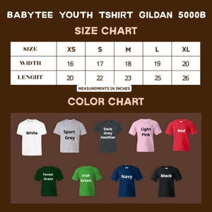 a size chart and color chart for a youth t-shirt, with various t-shirt designs and corresponding measurements in inches.