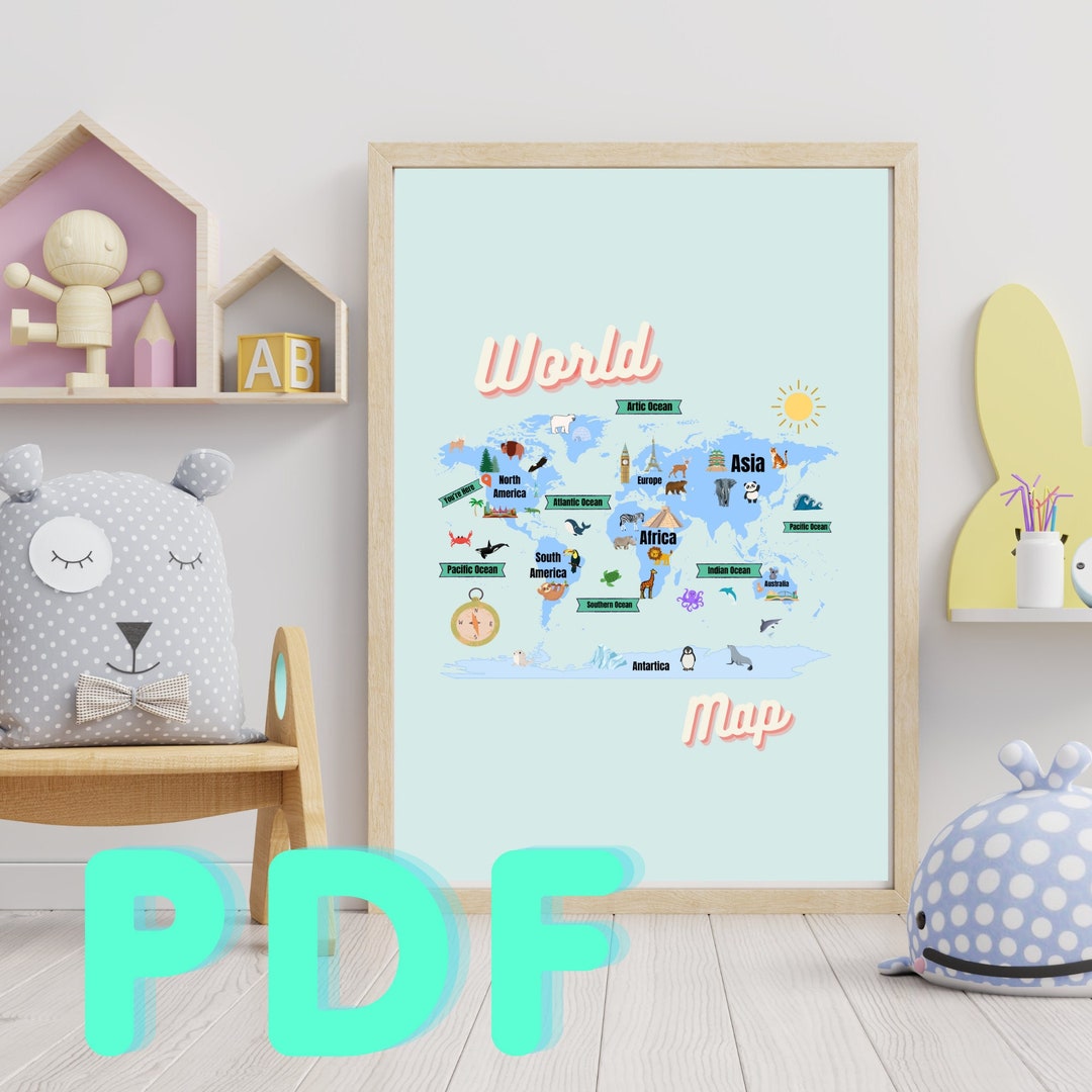 WORLD MAP Pdf Printable Wall Art. Nursery Decor, Childrens Wall Art - Etsy