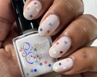 Star Spangled, White Crelly with Red, White, and Blue Star Glitter Polish