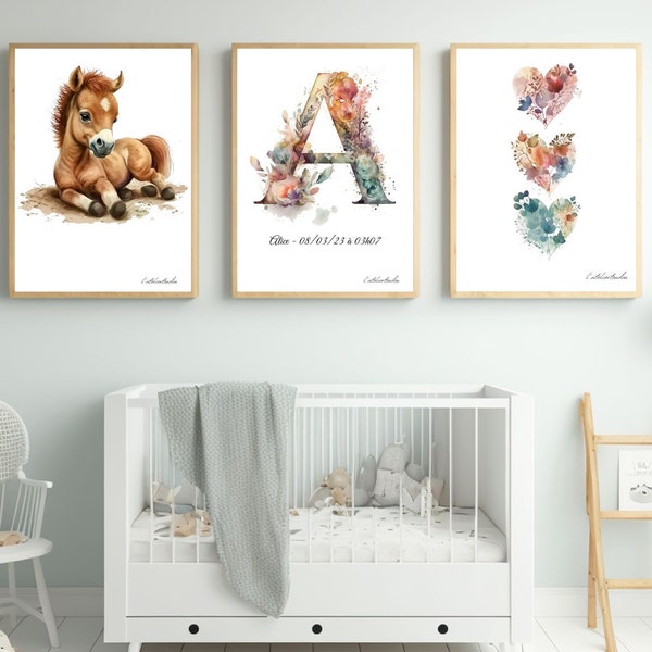 Décoration murale chambre bébé Cheval, cadeau de naissance, affiche avec prénom personnalisable, décoration bébé personnalisé