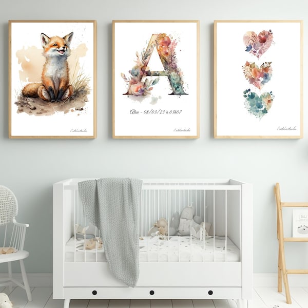 Décoration murale chambre bébé renard, cadeau de naissance, affiche Renard avec prénom personnalisable, décoration bébé personnalisé