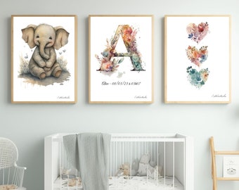 Décoration murale chambre bébé, cadeau de naissance, affiche Elephant avec prénom personnalisable, décoration bébé personnalisé
