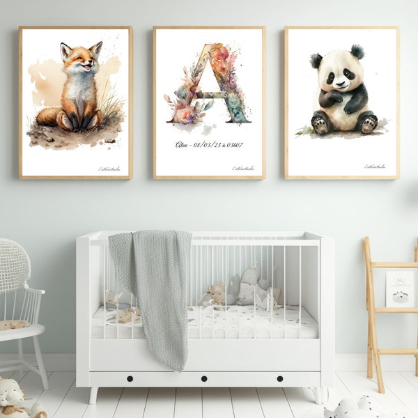 Décoration murale chambre bébé Renard affiche d'animaux, Elephant, Panda, Lapin, lion prénom personnalisé, décoration bébé, duo d'animaux