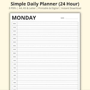 Pode incluir: Um planejador diário imprimível preto e branco com a palavra "MONDAY" no topo e um espaço em branco para a data. O planejador é projetado para um cronograma de 24 horas e inclui intervalos de tempo das 00:00 às 23:00.