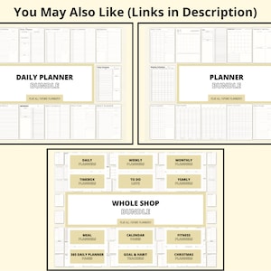 Puede incluir: Un collage de p&aacute;ginas de planificador imprimibles, que incluyen planificadores diarios, semanales, mensuales, anuales, timebox, listas de tareas, comidas, calendario, fitness, 365 d&iacute;as, objetivos y h&aacute;bitos, y planificadores navide&ntilde;os. El texto "Whole Shop Bundle" est&aacute; en el centro de la imagen.