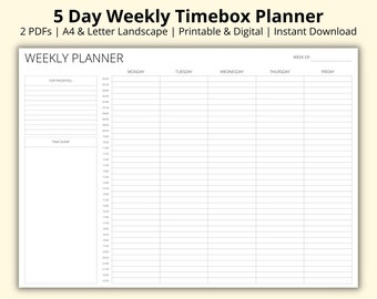 Fünf Tage Wochenplaner Timebox, Wochenplaner, Wochenplaner, Wochenplaner PDF, Halbstundenplaner, Wochenplaner A4/Letter