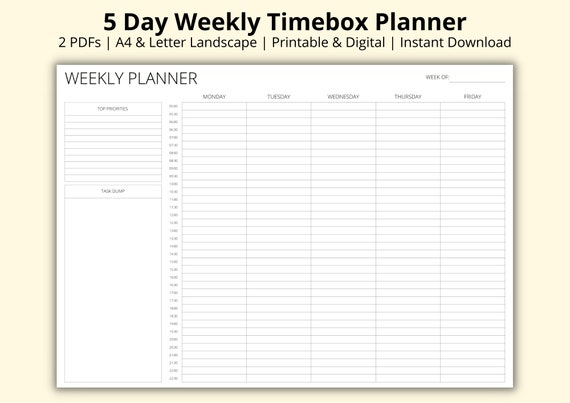Five Day Weekly Timebox Planner, Weekly Time Blocking Template, Half Hourly Schedule, Week Planner PDF, Productivity Planner, A4/letter - Etsy five-day-weekly-timebox-planner-weekly-time-blocking-template-half-hourly-schedule-week-planner-pdf-productivity-planner-a4-letter-etsy