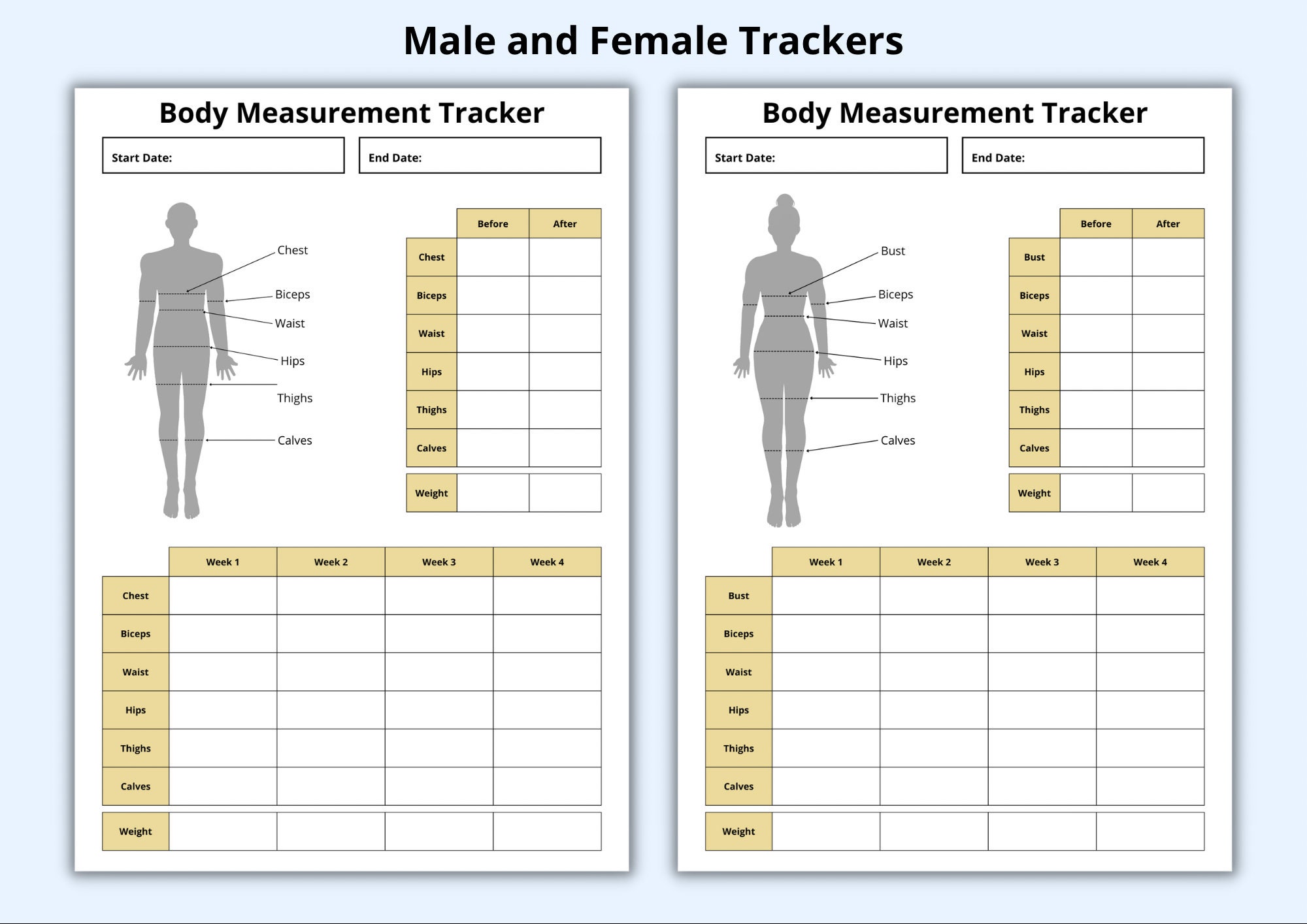 Body measurement tracker weight loss chart male female fitness