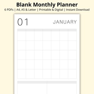 Planificador mensual en blanco, Plantilla de calendario sin fecha, Resumen mensual, Planificador de 12 meses, Planificador de productividad, Imprimible/Digital, A4/A5/Carta