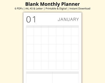 Blank Monthly Planner, Undated Calendar Template, Blank Calendar Page, Monthly Overview, 12 Month Planner, Printable/Digital, A4/A5/Letter
