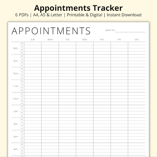 Appointments Tracker Printable, 15 Minute Interval Planner Template, Appointment Sheet, Appointment Diary, Weekly Overview, A4/A5/Letter