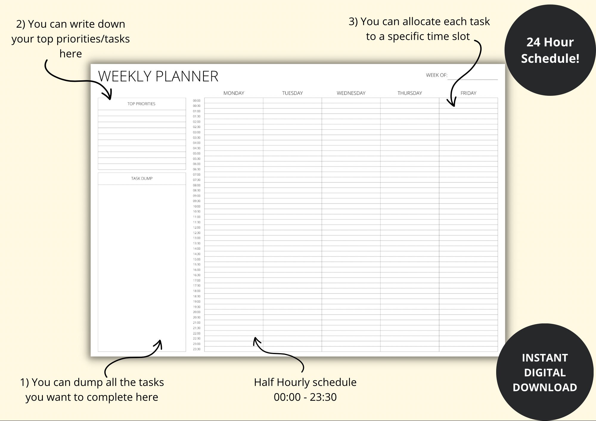 Time Box Week Weekly Timebox Planner, 5 Day Time Blocking Template, 24 Hour Timetable ...