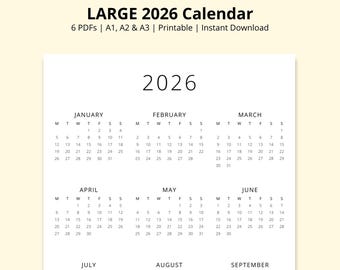 LARGE 2026 Calendar, Simple Yearly Calendar, Printable Portrait Calendar, Desk Calendar, Wall Calendar, Year at a Glance Calendar, A1/A2/A3