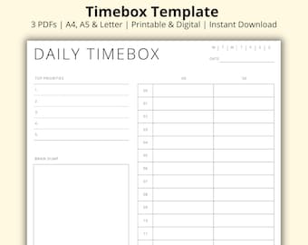 Könnte beinhalten: Eine schwarz-weiße druckbare tägliche Timebox-Vorlage mit Abschnitten für Top-Prioritäten und Brain Dump. Die Vorlage enthält einen täglichen Zeitplan von 00 bis 11 Uhr mit Spalten für jeden Tag der Woche.