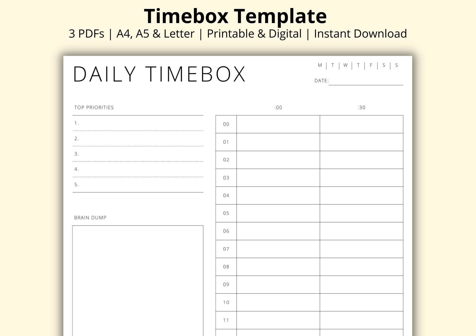 Timebox Template, 24 Hour Daily Schedule, Time Blocking, 30 Minute Timebox Template, 24 Hour Daily Schedule, Time Blocking, 30 Minute