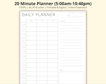 20 Minute Planner, Daily Planner, Time Blocking PDF, Day Schedule Template, Task List, Productivity Planner, Printable/Digital, A4/A5/Letter