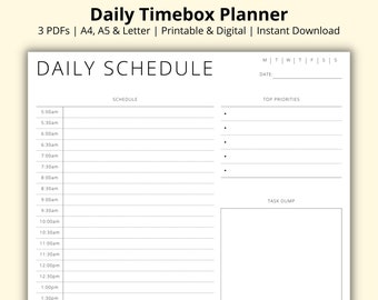 Peut inclure: Un planificateur d'horaire quotidien imprimable en noir et blanc avec des sections pour "Horaire quotidien", "Priorités principales" et "Décharge des tâches". La section de l'horaire comprend des créneaux horaires de 5h00 à 13h30.