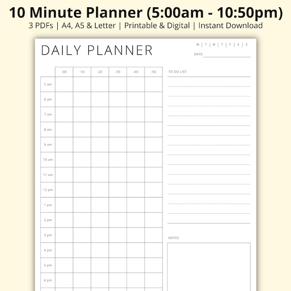 10 Minute Planner, Time Blocking Template, 10 Minute Increments, Daily Planner PDF, Productivity Planner, Printable/Digital, A4/A5/Letter