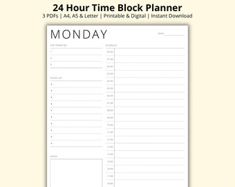 May include: A printable time block planner for Monday. The planner has sections for top priorities, a to-do list, and notes. The schedule section is divided into 30-minute increments from 02:00 to 19:00.