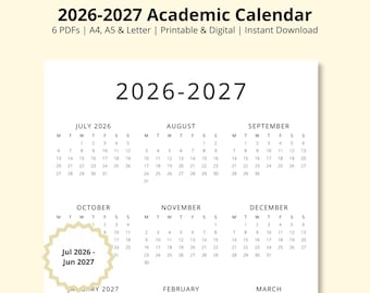 2026-2027 Academic Calendar, School Calendar PDF, 2026-2027 Year at a Glance, 12 Month Academic Planner, Jul 26-Jun 27 Calendar,A4/A5/Letter