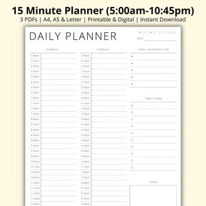 15 Minute Planner Printable, Appointment Tracker, Time Block PDF, Day Schedule Template, Daily Overview, Productivity Planner, A4/A5/Letter