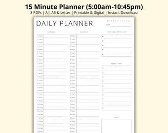 15 Minute Planner Printable, Appointment Tracker, Time Block PDF, Day Schedule Template, Daily Overview, Productivity Planner, A4/A5/Letter