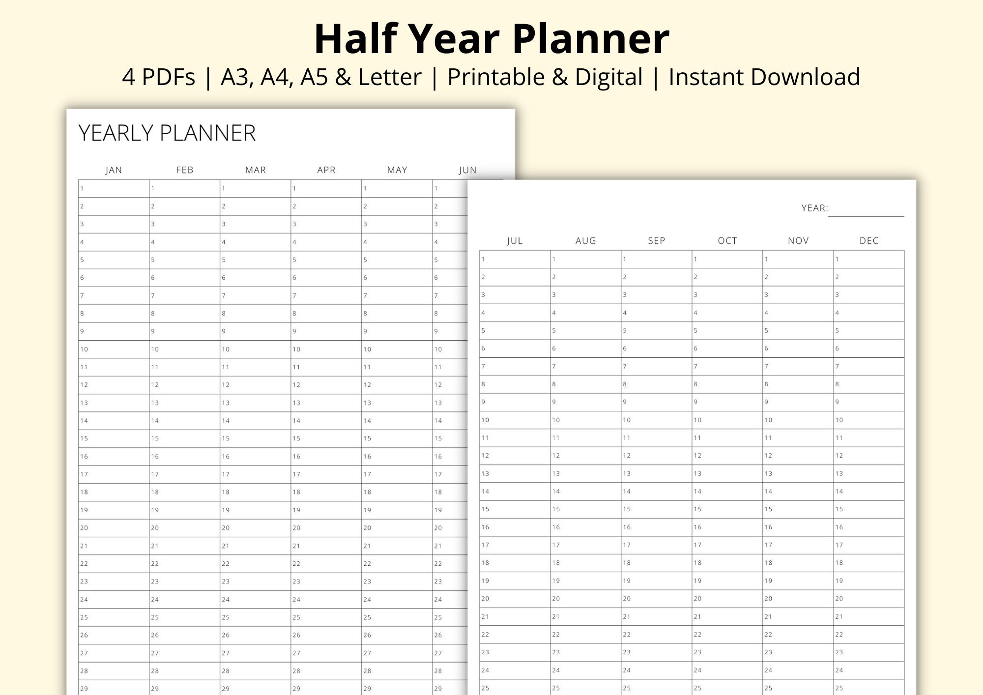 Printable Yearly Calendar Half Page