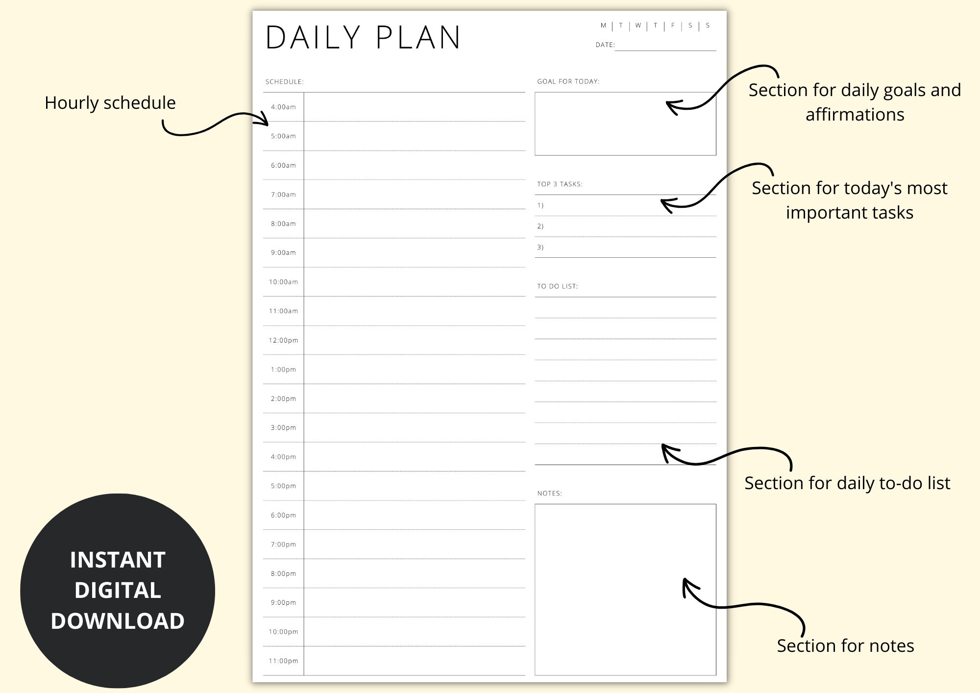 Daily Hourly Planner, Schedule Template, Time Blocking PDF, Daily ...