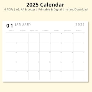 Calendario 2025, Calendario mensual imprimible, Resumen del mes, Resumen del planificador mensual, Calendario de escritorio/pared, Planificador anual 2025, A3/A4/Carta