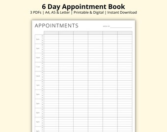 Appointment Book, 6 Day Appointment Sheet PDF, 15 Minute Planner, Weekly Schedule, Appointment Tracker, Printable/Digital, A4/A5/Letter