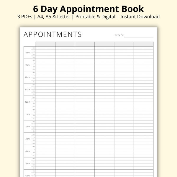 6 Day Appointment Book, 15 Minute Planner, Weekly Schedule, Appointment Sheet, Appointment Diary Tracker, Printable/Digital, A4/A5/Letter