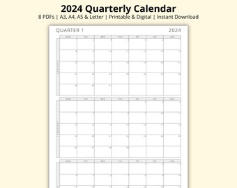 2024 Quarterly Calendar, 3 Months Per Page, 2024 Monthly Calendar, Monthly Overview, Yearly Planner, Printable/Digital PDF, A3/A4/A5/Letter