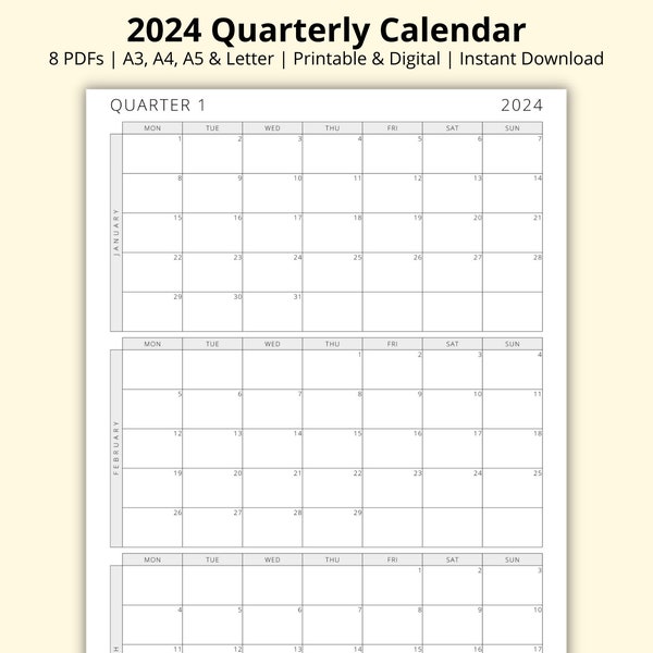 2024 Quarterly Calendar, 3 Months Per Page, 2024 Monthly Calendar, Monthly Overview, Yearly Planner, Printable/Digital PDF, A3/A4/A5/Letter