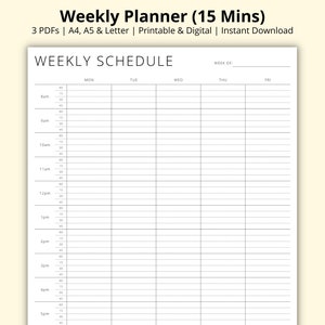 Weekly Planner, 15 Minute Planner PDF, 5 Day Weekly Schedule, Study/Revision Timetable, Weekly Overview, Printable/Digital, A4/A5/Letter