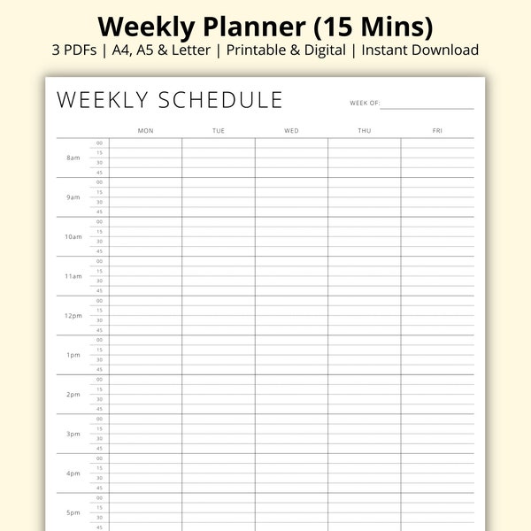 Weekly Planner, 15 Minute Planner PDF, 5 Day Weekly Schedule, Study/Revision Timetable, Weekly Overview, Printable/Digital, A4/A5/Letter