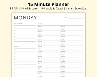 15 Minute Planner Daily Planner Printable Time Block Etsy 15 Minute Planner Daily Planner Printable Time Block Etsy
