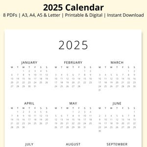 Calendario 2025, Calendario anual simple, Calendario vertical imprimible, Calendario de escritorio, Calendario de pared, Calendario de un vistazo del año, A3/A4/A5/Carta