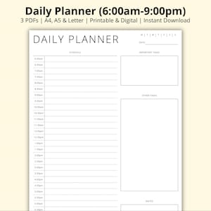 Könnte beinhalten: Ein schwarz-weißer Tagesplaner mit schlichtem Design. Der Planer verfügt über einen Zeitplan von 6:00 Uhr morgens bis 21:00 Uhr abends, wichtige Aufgaben, andere Aufgaben und Notizenbereiche.