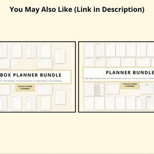 May include: Two images of planner bundles. The first image shows a Timebox Planner Bundle with the text "A4, A5 & Letter PDF | Daily & Weekly | Portrait & Landscape | Printable & Digital | Instant Download | Plus All Future Planners!" The second image shows a Planner Bundle with the text "Daily, Weekly, Monthly, Yearly & Timebox Planners, To Do Lists | A4, A3 & US Letter | Printable & Digital | Instant Download | Plus All Future Planners!"