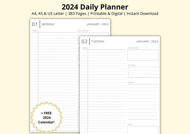 2024 Daily Planner, 2024 Calendar Printable, Blank Schedule, Dated