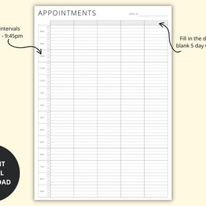 Appointment Tracker, 15 Minute Planner, 5 Day Weekly Schedule, Appointment Sheet, Appointment Diary PDF, Printable/Digital, A4/A5/Letter image 2