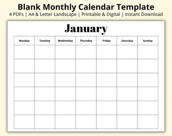 Monthly Calendar Template, Undated Calendar Pages, Blank Monthly Planner, Monthly Overview, Wall/Desk Calendar, Printable/Digital, A4/Letter