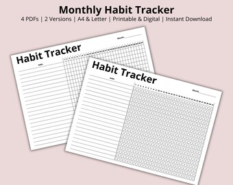 Könnte beinhalten: Zwei weiße, druckbare Habit Tracker-Blätter mit dem Text "Habit Tracker" in Schwarz. Die Blätter haben Linien zum Verfolgen von Gewohnheiten und den Tagen des Monats. Oben im Bild steht "Monthly Habit Tracker".
