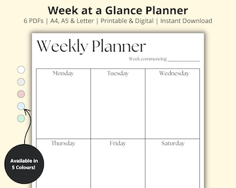 Week at a Glance Planner, Weekly Planner PDF, Weekly Overview, 7 Day Planner Template, Productivity Planner, Printable/Digital, A4/A5/Letter